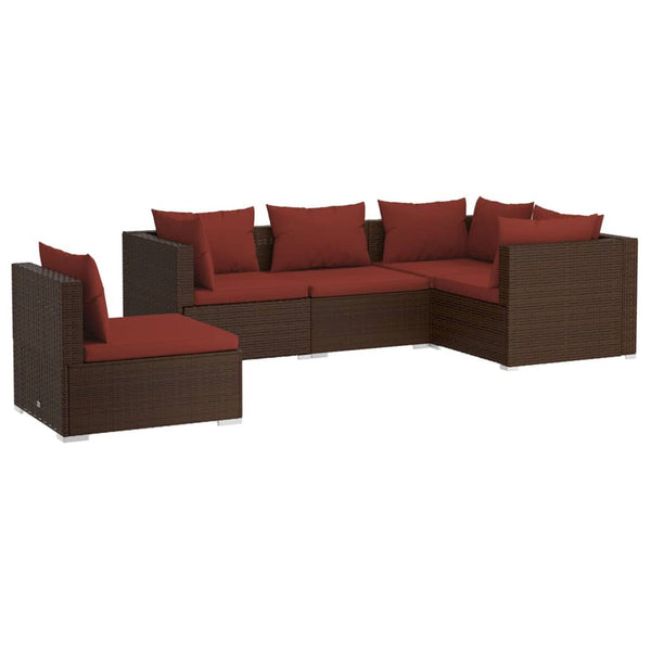 vidaXL 5-piece Garden Lounge Set with Cushions Poly Rattan Brown