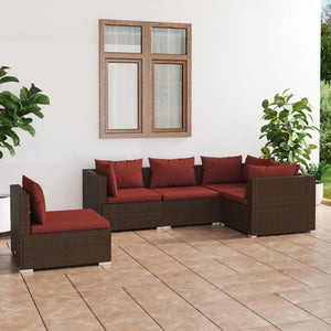 vidaXL 5-piece Garden Lounge Set with Cushions Poly Rattan Brown