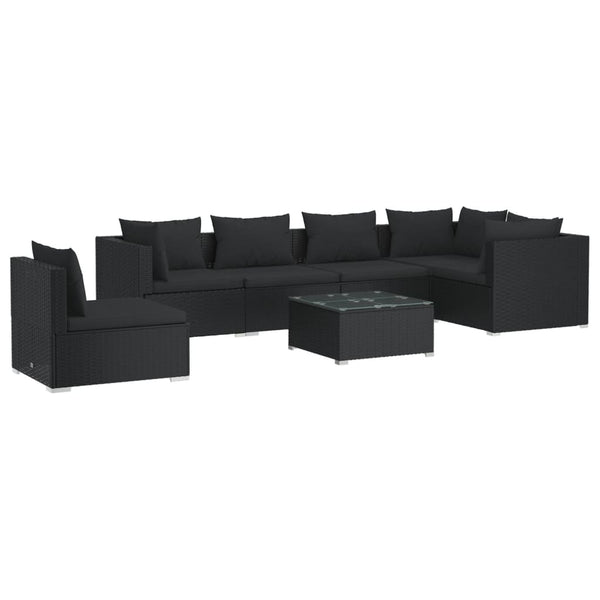 vidaXL 7-Piece Garden Lounge Set with Cushions Poly Rattan Black