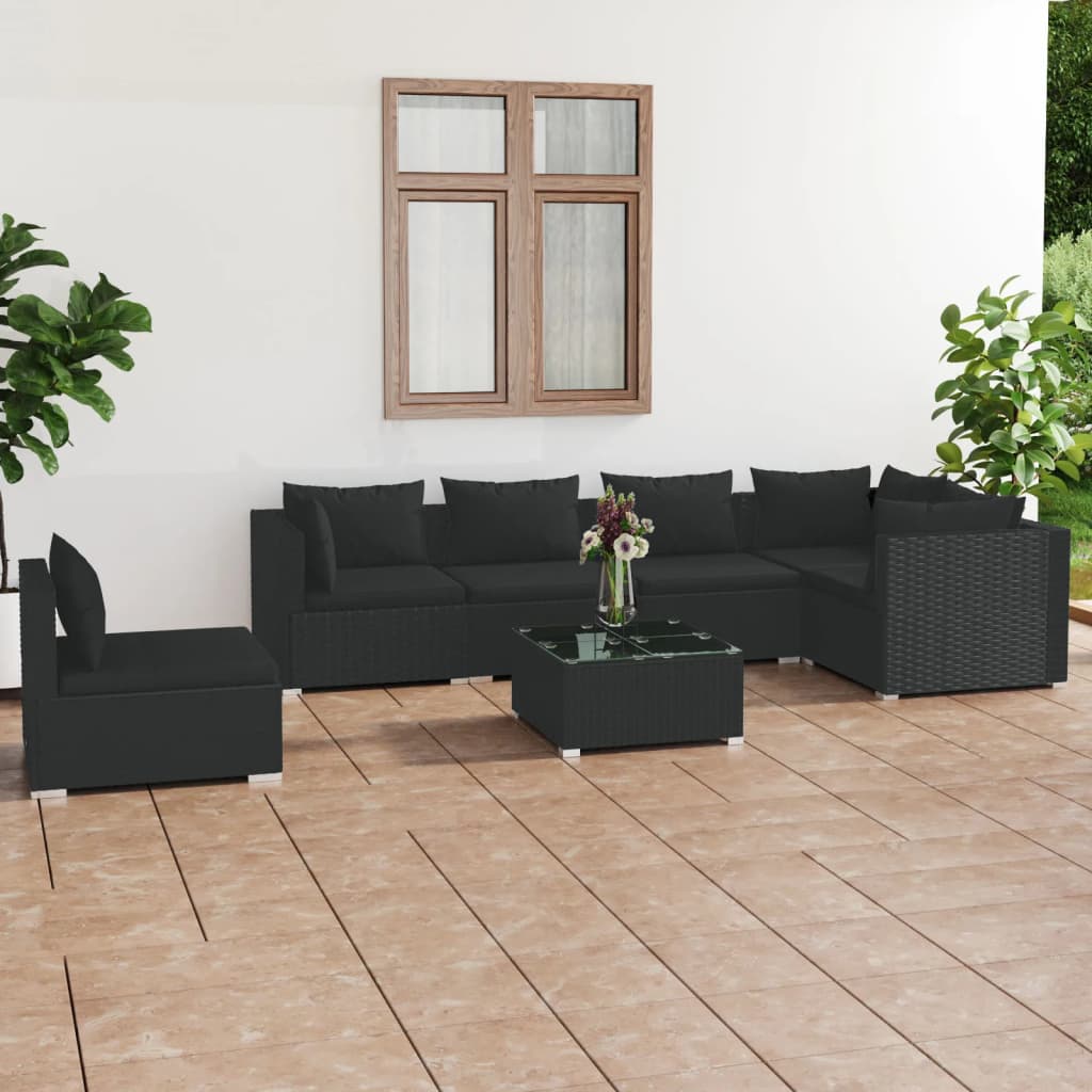 vidaXL 7-Piece Garden Lounge Set with Cushions Poly Rattan Black