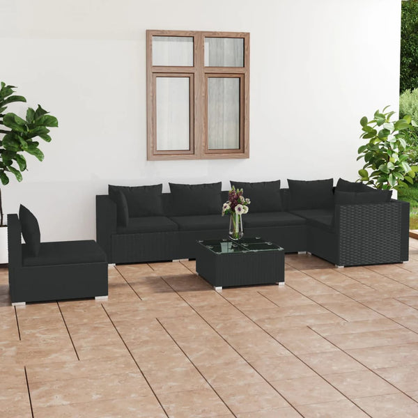 vidaXL 7-Piece Garden Lounge Set with Cushions Poly Rattan Black