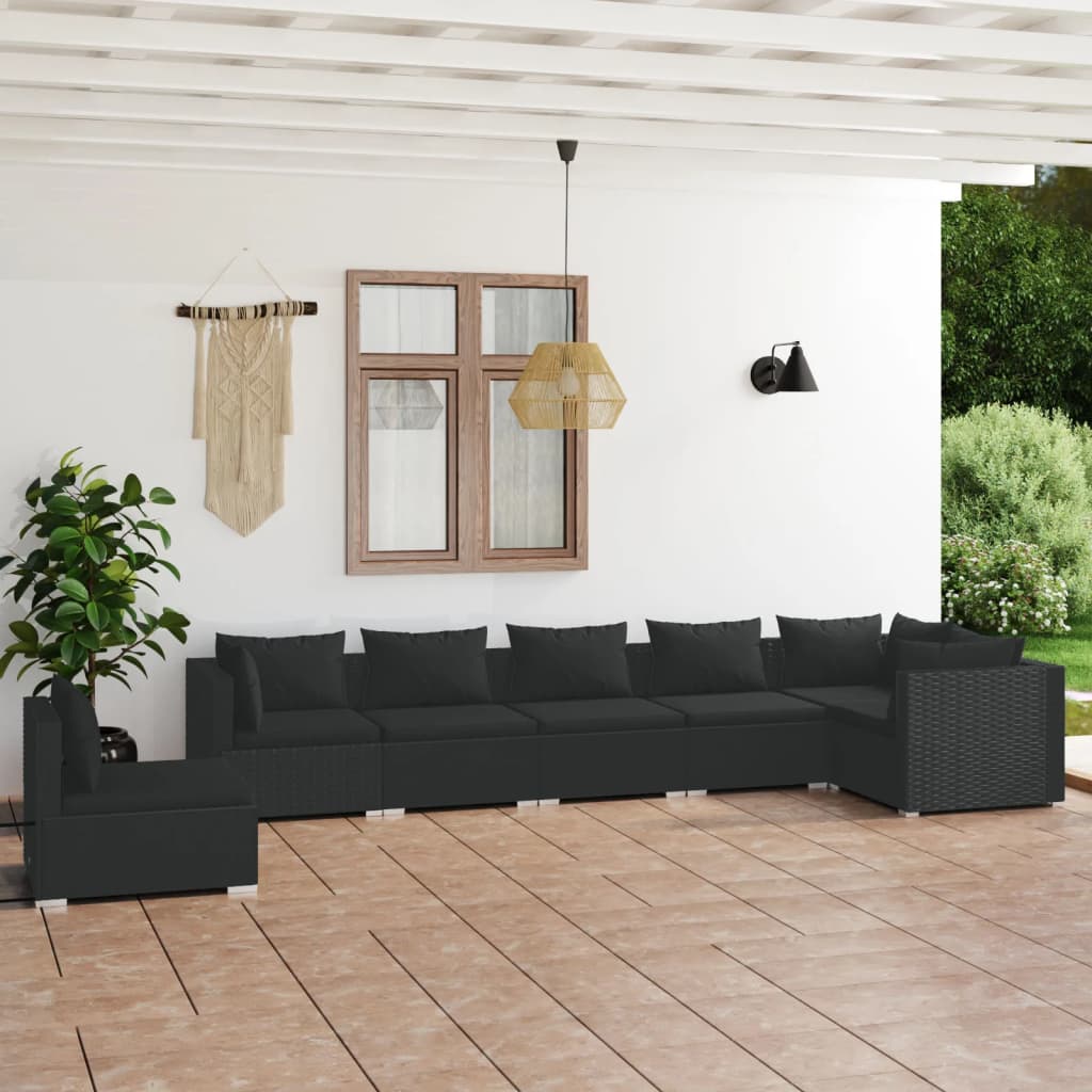 vidaXL 7-Piece Garden Lounge Set with Cushions Poly Rattan Black