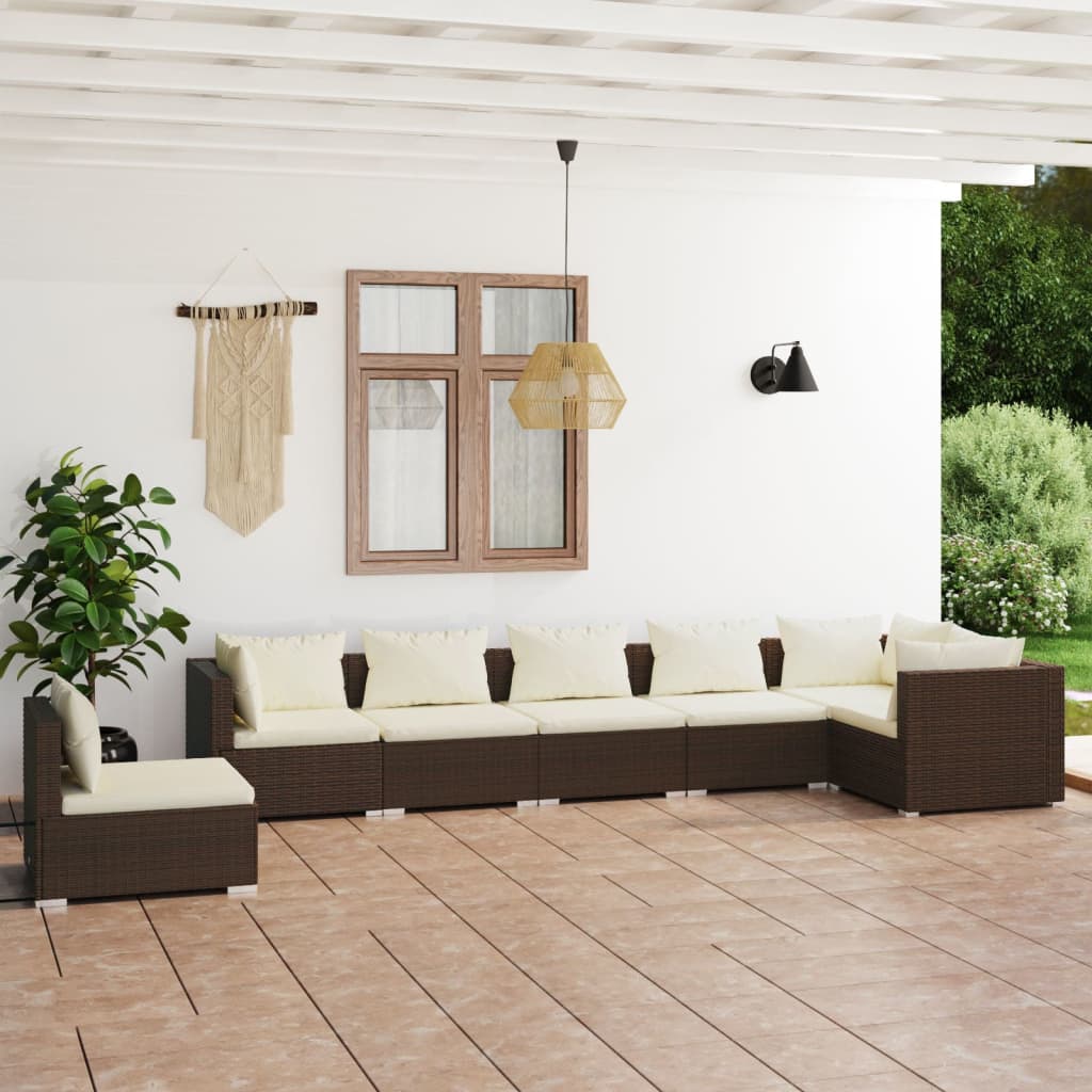 vidaXL 7-Piece Garden Lounge Set with Cushions Poly Rattan Brown