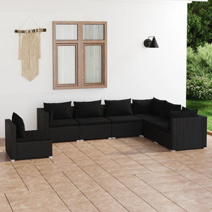 vidaXL 7-Piece Garden Lounge Set with Cushions Poly Rattan Black