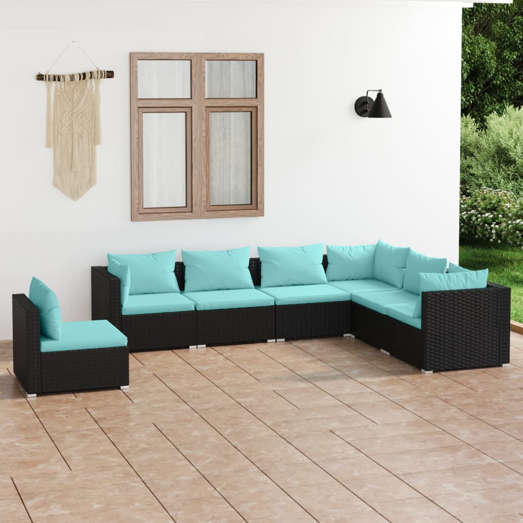 vidaXL 7-Piece Garden Lounge Set with Cushions Poly Rattan Black