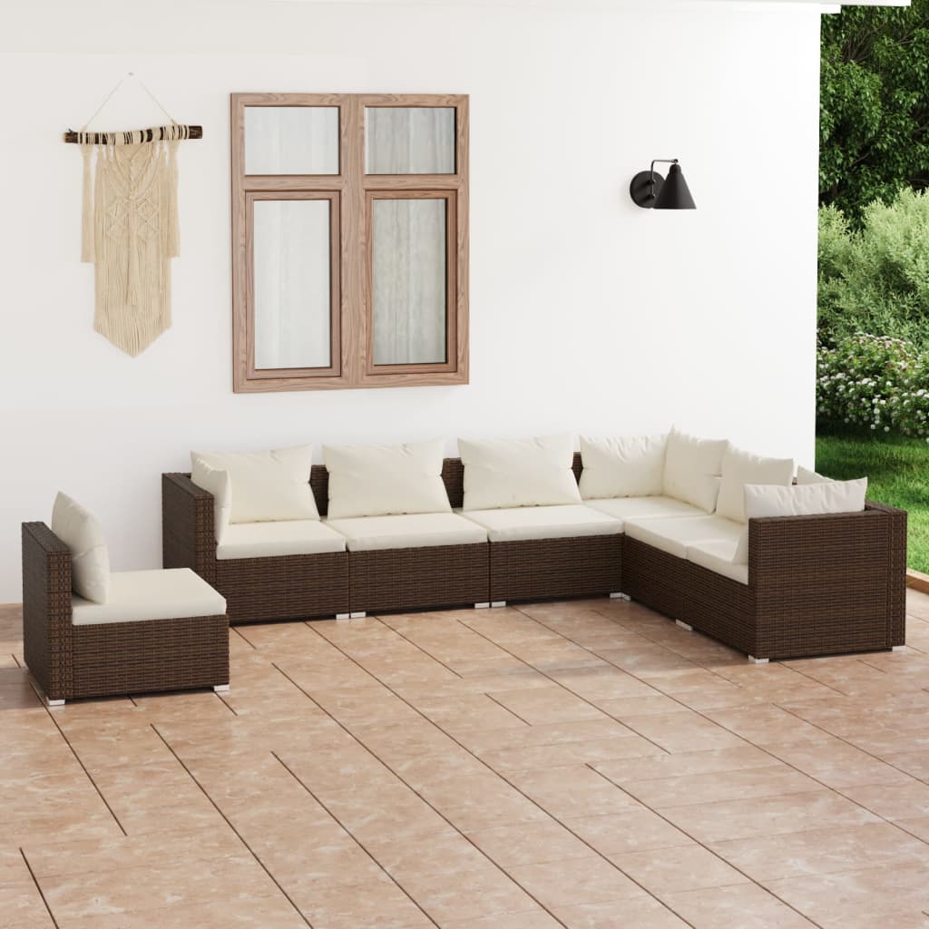 vidaXL 7-Piece Garden Lounge Set with Cushions Poly Rattan Brown
