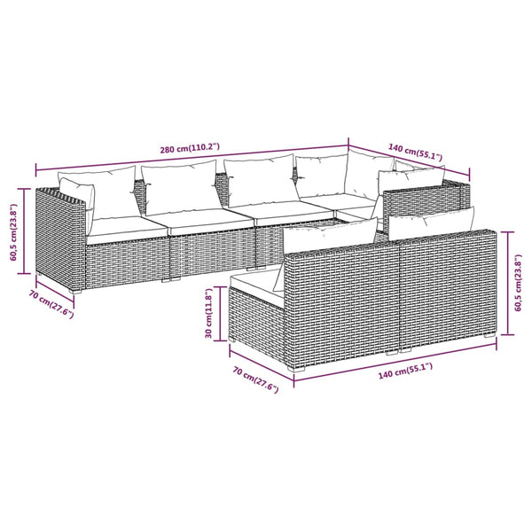 vidaXL 7-Piece Garden Lounge Set with Cushions Black Poly Rattan