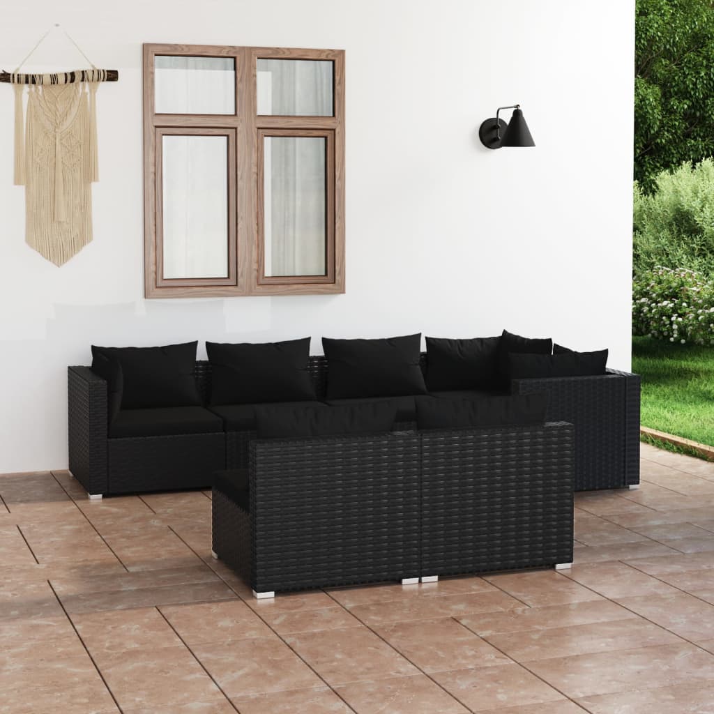 vidaXL 7-Piece Garden Lounge Set with Cushions Black Poly Rattan