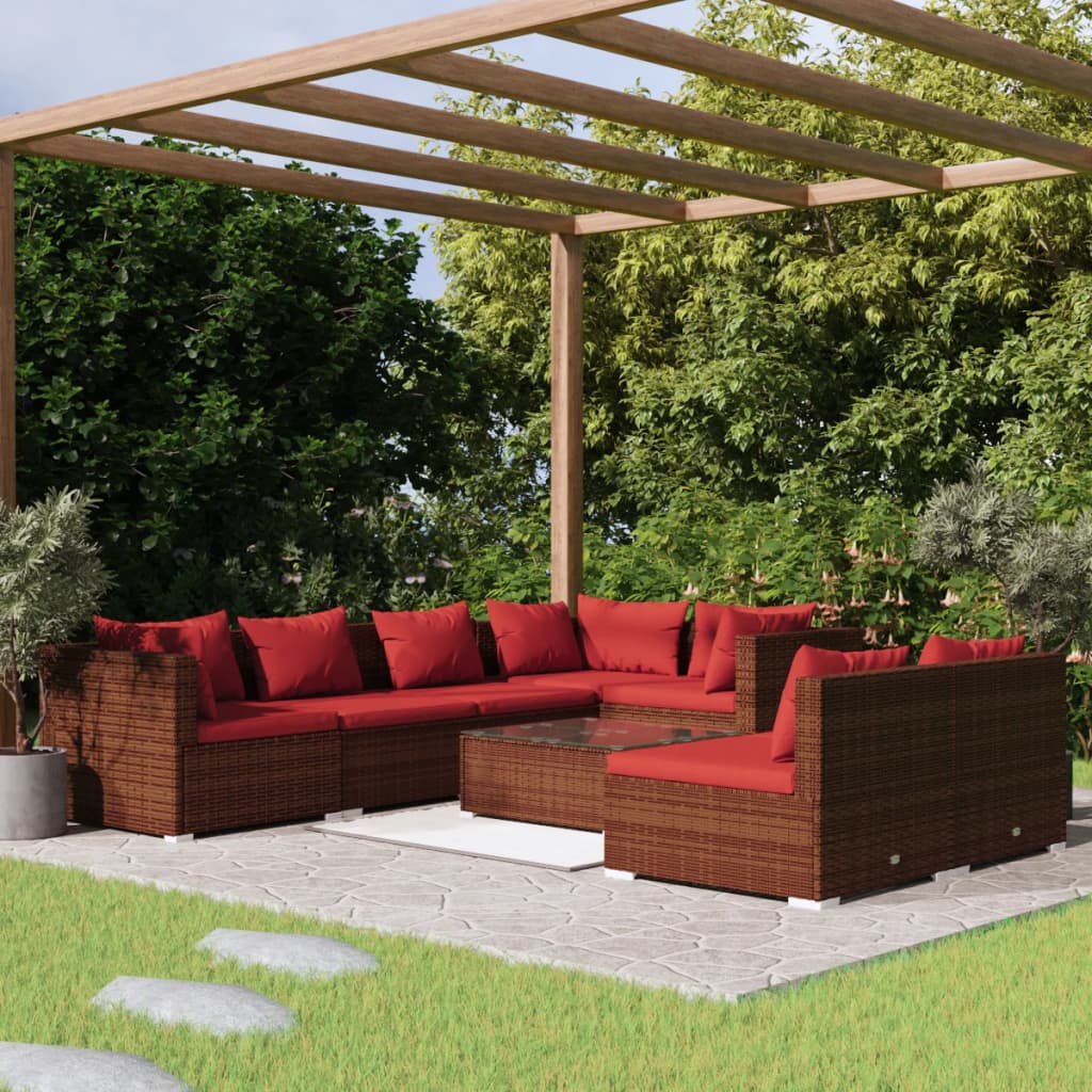 vidaXL 8-piece Garden Lounge Set with Cushions Brown Poly Rattan