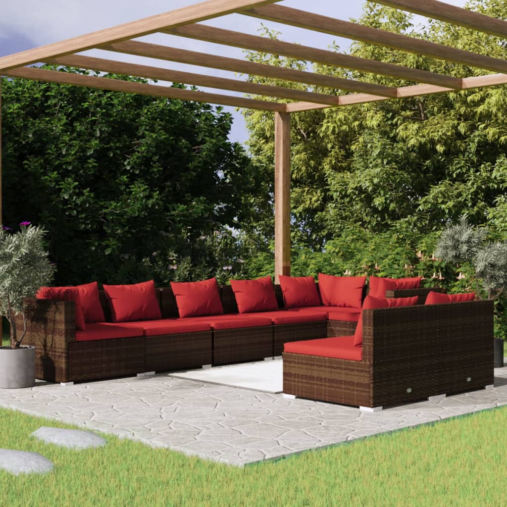 vidaXL 8-piece Garden Lounge Set with Cushions Brown Poly Rattan