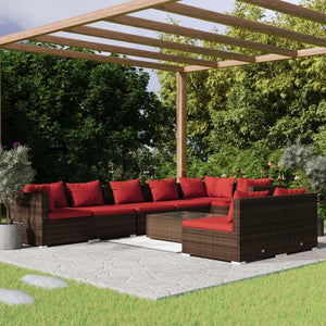 vidaXL 9-piece Garden Lounge Set with Cushions Brown Poly Rattan