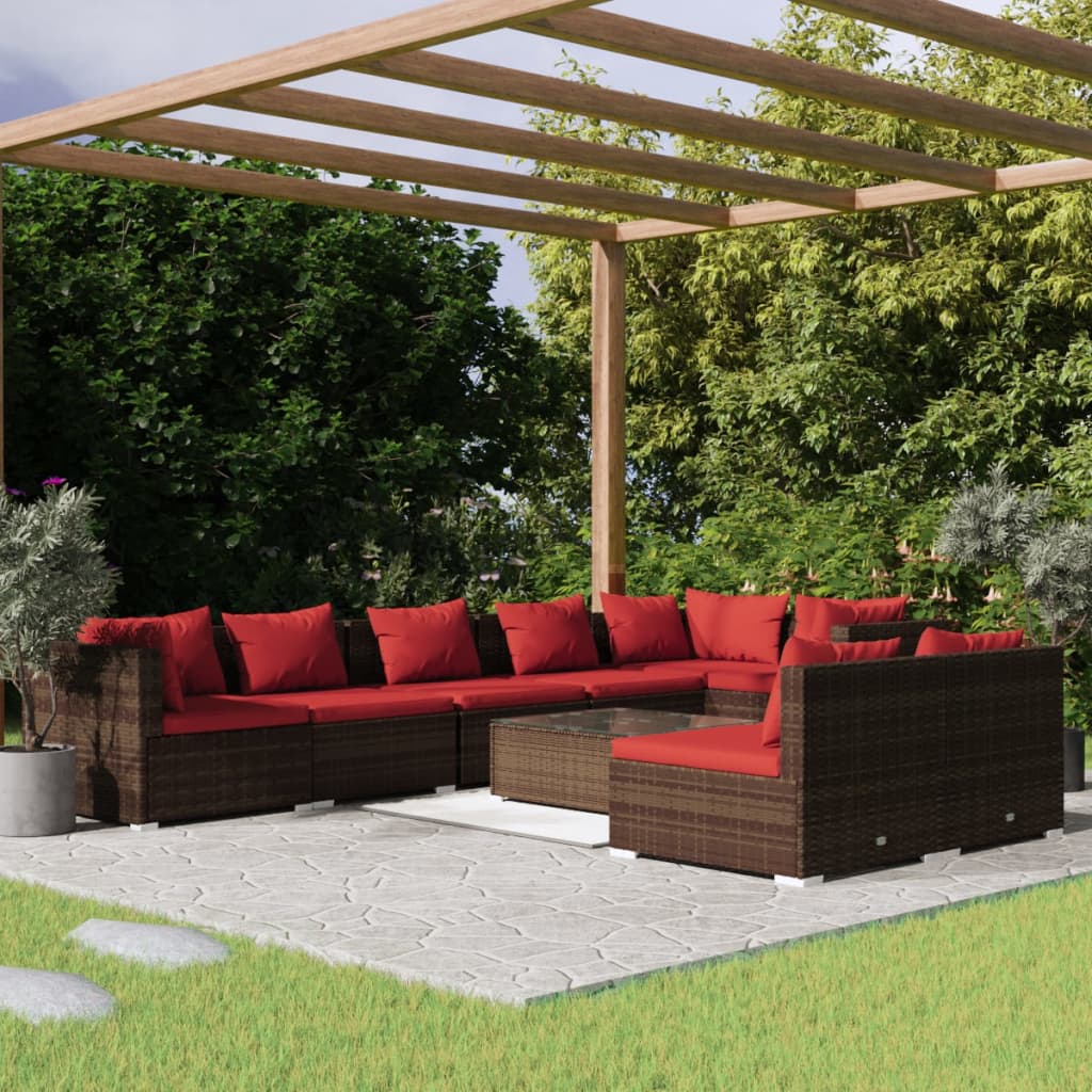 vidaXL 9-piece Garden Lounge Set with Cushions Brown Poly Rattan