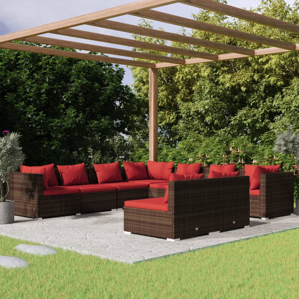 vidaXL 9-piece Garden Lounge Set with Cushions Brown Poly Rattan