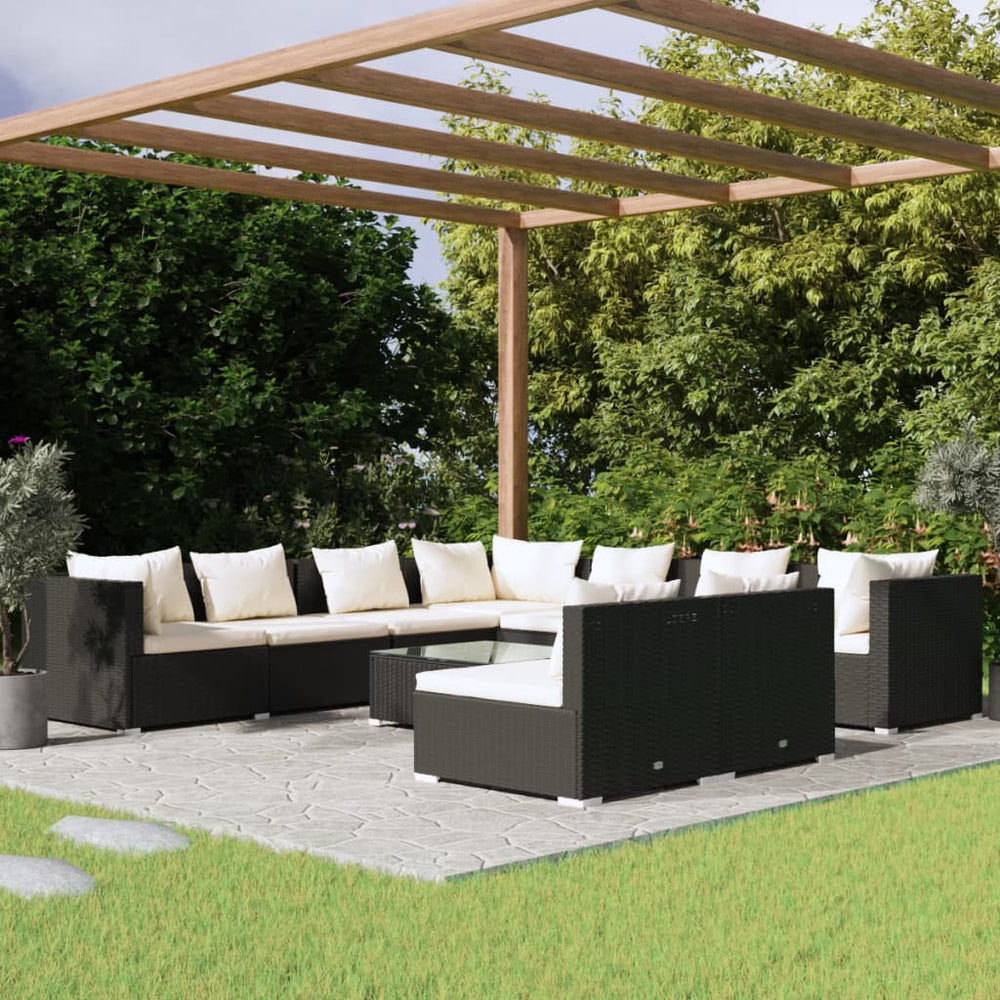 vidaXL 10-Piece Garden Lounge Set with Cushions Black Poly Rattan