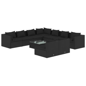 vidaXL 10-Piece Garden Lounge Set with Cushions Black Poly Rattan