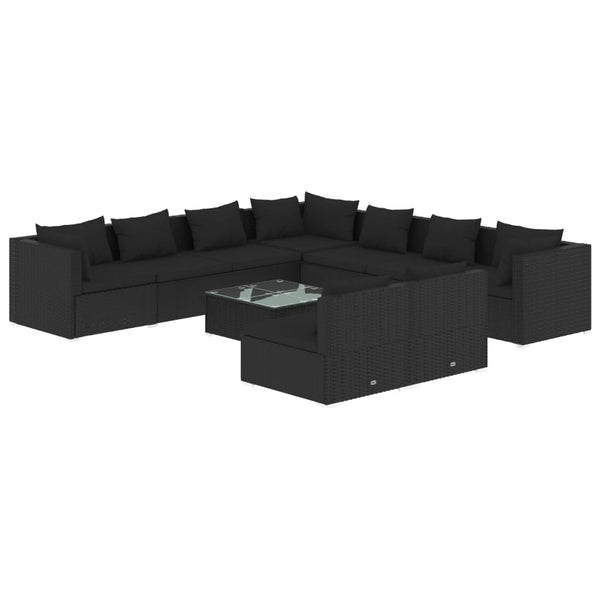 vidaXL 10-Piece Garden Lounge Set with Cushions Black Poly Rattan