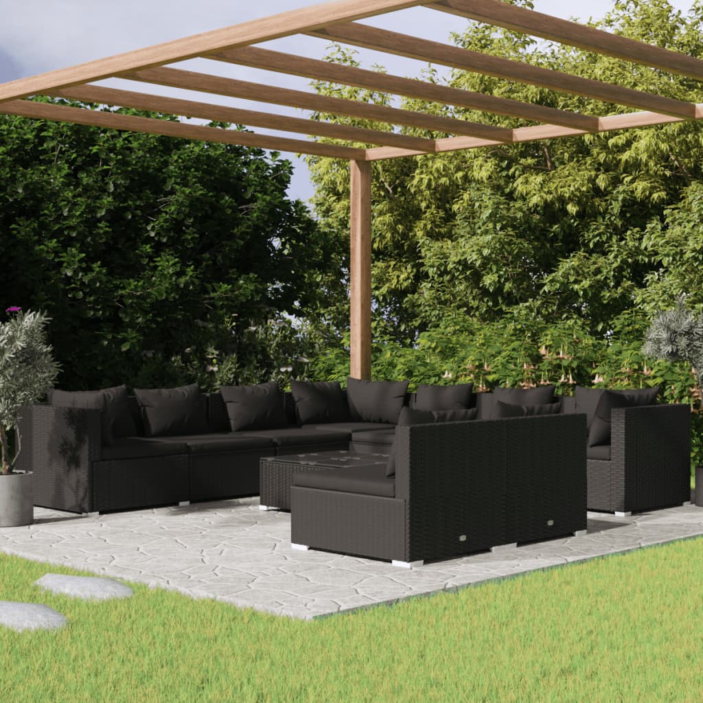 vidaXL 10-Piece Garden Lounge Set with Cushions Black Poly Rattan