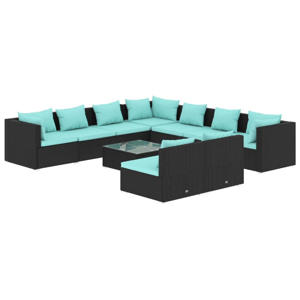 vidaXL 10-Piece Garden Lounge Set with Cushions Black Poly Rattan