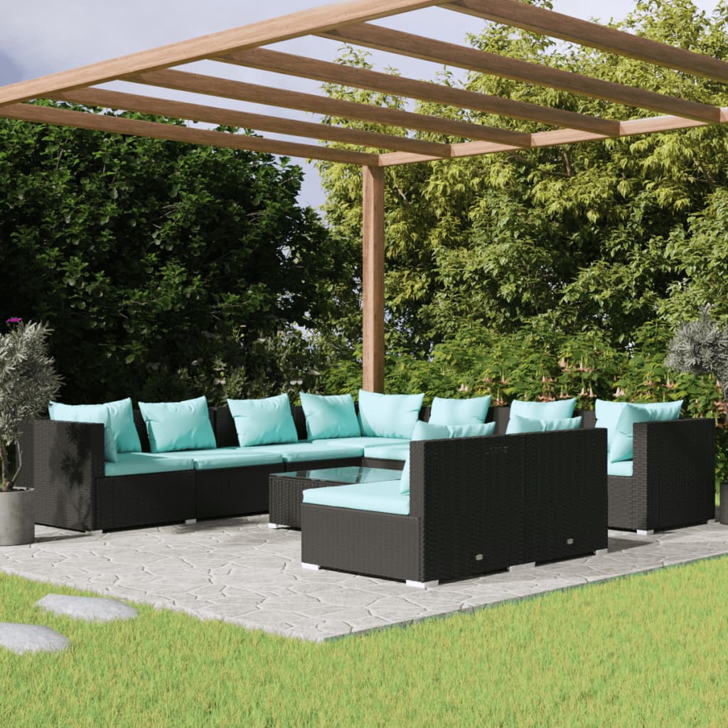 vidaXL 10-Piece Garden Lounge Set with Cushions Black Poly Rattan