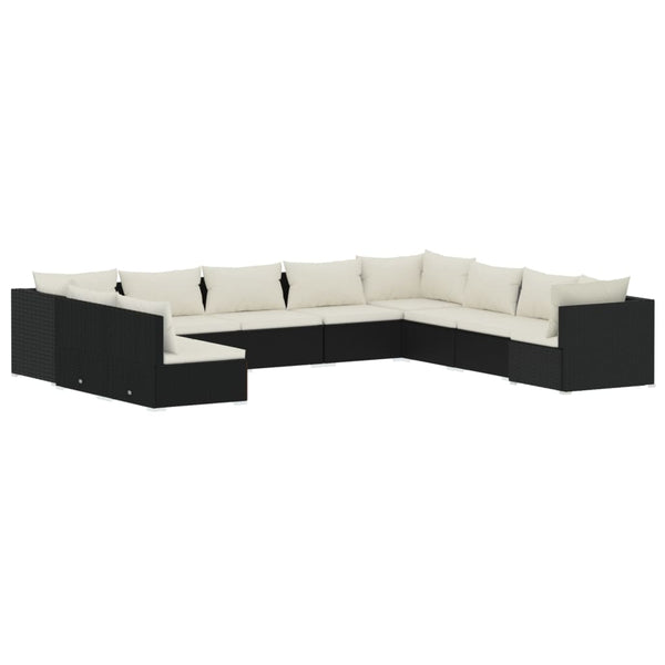 vidaXL 10-Piece Garden Lounge Set with Cushions Black Poly Rattan
