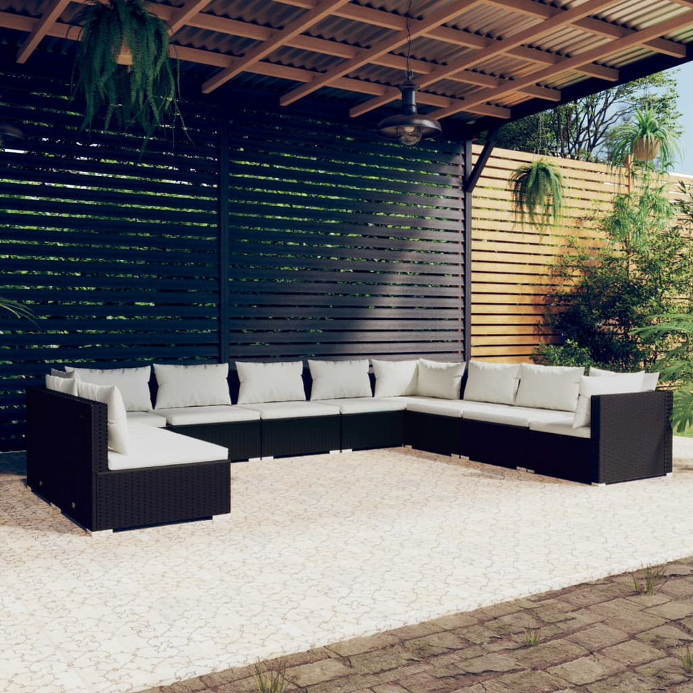 vidaXL 10-Piece Garden Lounge Set with Cushions Black Poly Rattan