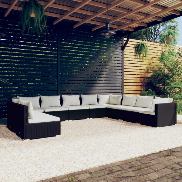 vidaXL 10-Piece Garden Lounge Set with Cushions Black Poly Rattan