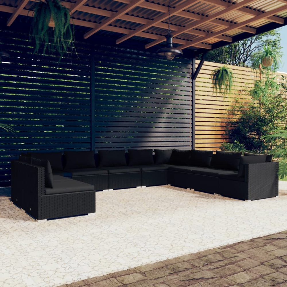 vidaXL 10-Piece Garden Lounge Set with Cushions Black Poly Rattan