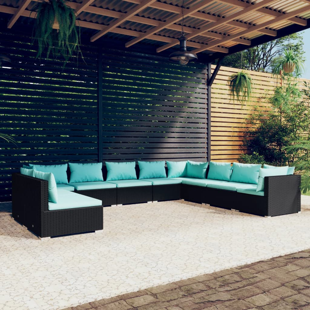 vidaXL 10-Piece Garden Lounge Set with Cushions Black Poly Rattan