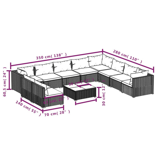 vidaXL 11-Piece Garden Lounge Set with Cushions Black Poly Rattan
