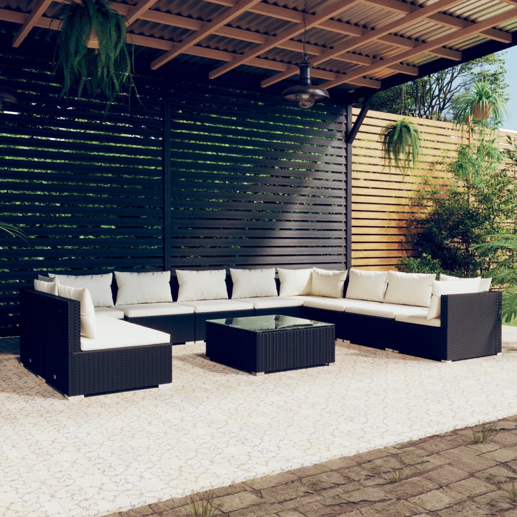 vidaXL 11-Piece Garden Lounge Set with Cushions Black Poly Rattan