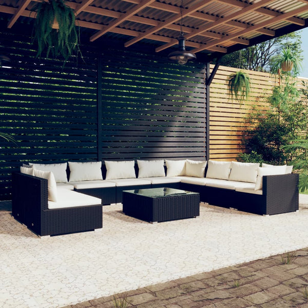 vidaXL 11-Piece Garden Lounge Set with Cushions Black Poly Rattan