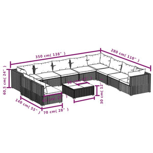 vidaXL 11-Piece Garden Lounge Set with Cushions Black Poly Rattan