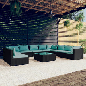 vidaXL 11-Piece Garden Lounge Set with Cushions Black Poly Rattan
