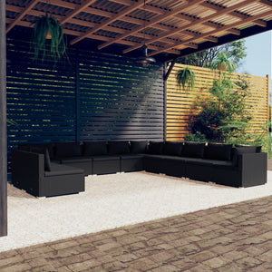 vidaXL 11-Piece Garden Lounge Set with Cushions Black Poly Rattan