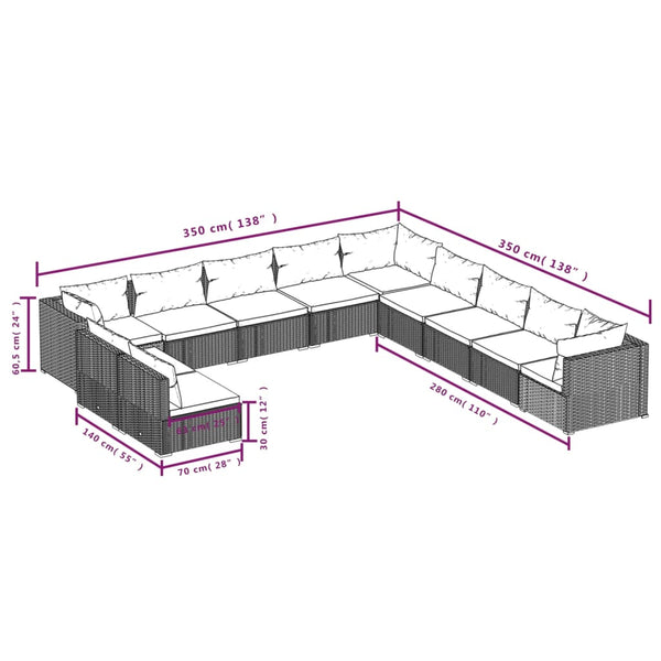 vidaXL 11-Piece Garden Lounge Set with Cushions Black Poly Rattan