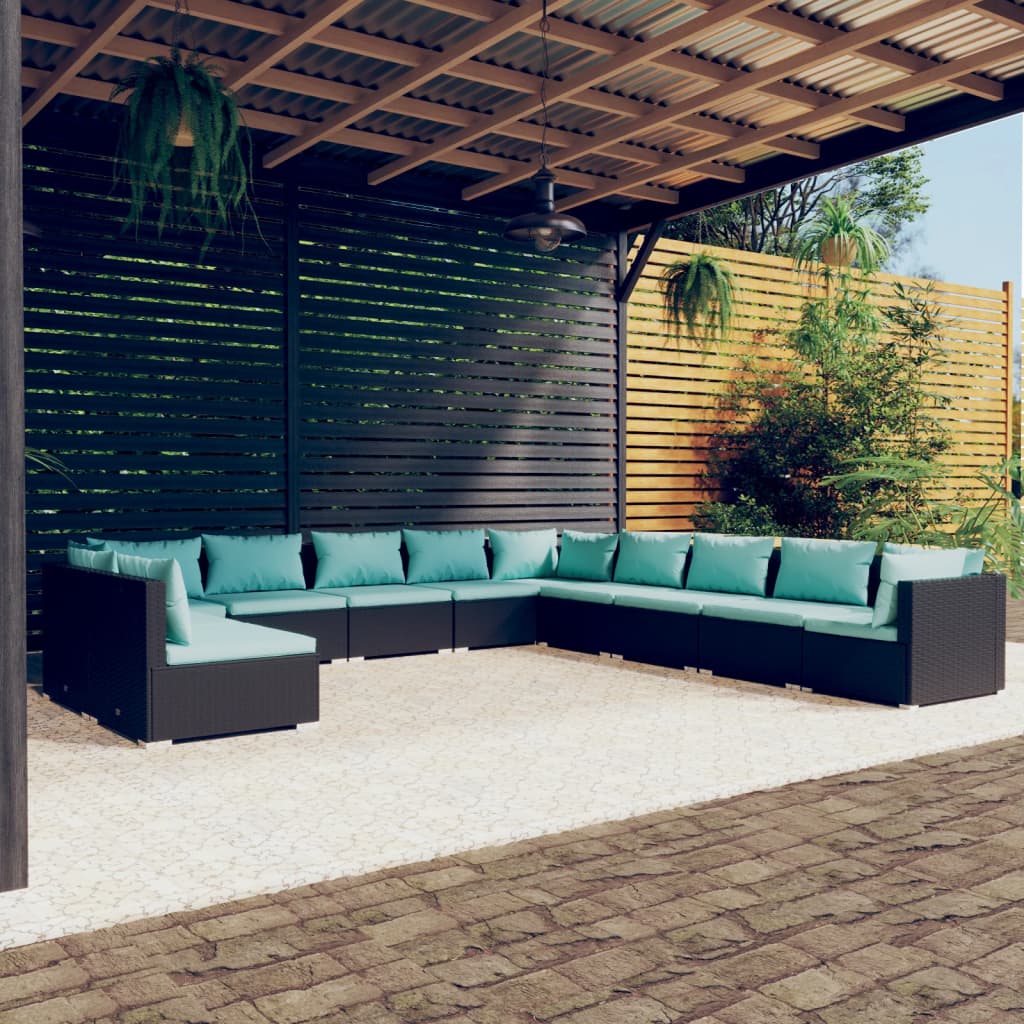 vidaXL 11-Piece Garden Lounge Set with Cushions Black Poly Rattan