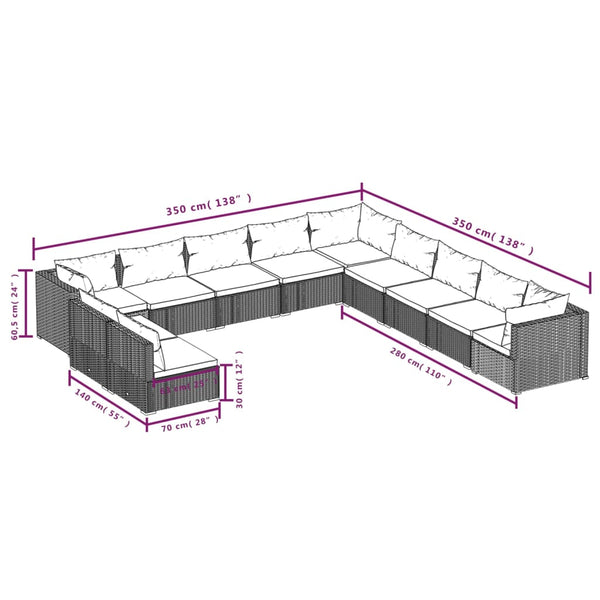 vidaXL 11-Piece Garden Lounge Set with Cushions Brown Poly Rattan