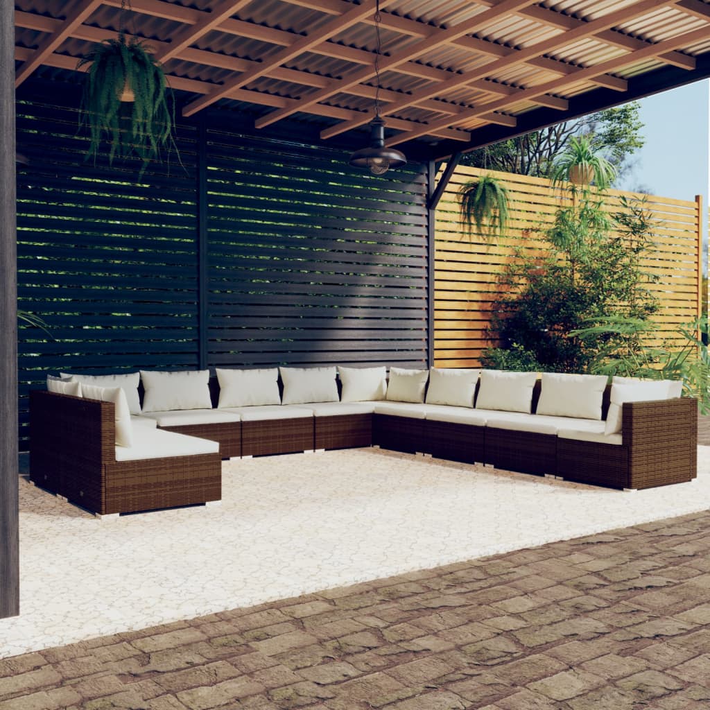 vidaXL 11-Piece Garden Lounge Set with Cushions Brown Poly Rattan