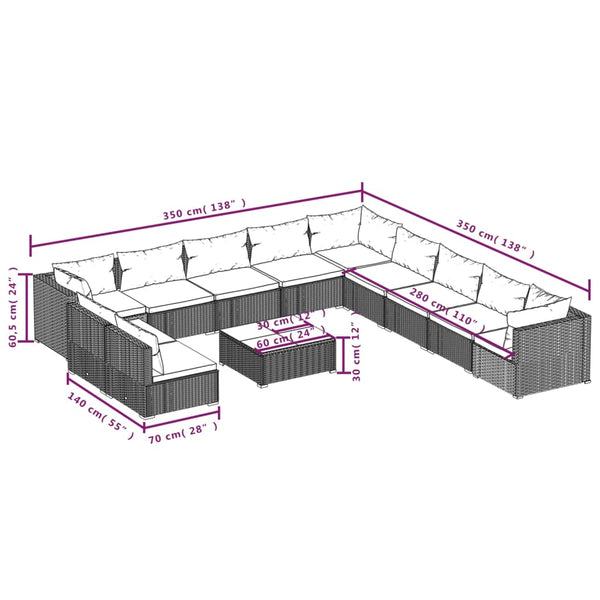 vidaXL 12-piece Garden Lounge Set with Cushions Brown Poly Rattan