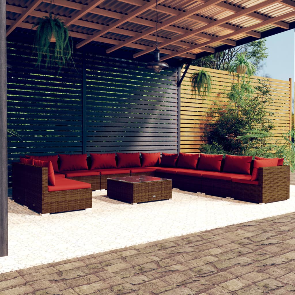 vidaXL 12-piece Garden Lounge Set with Cushions Brown Poly Rattan