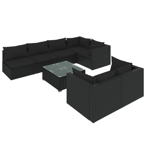 vidaXL 8-piece Garden Lounge Set with Cushions Black Poly Rattan