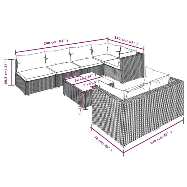 vidaXL 8-piece Garden Lounge Set with Cushions Black Poly Rattan