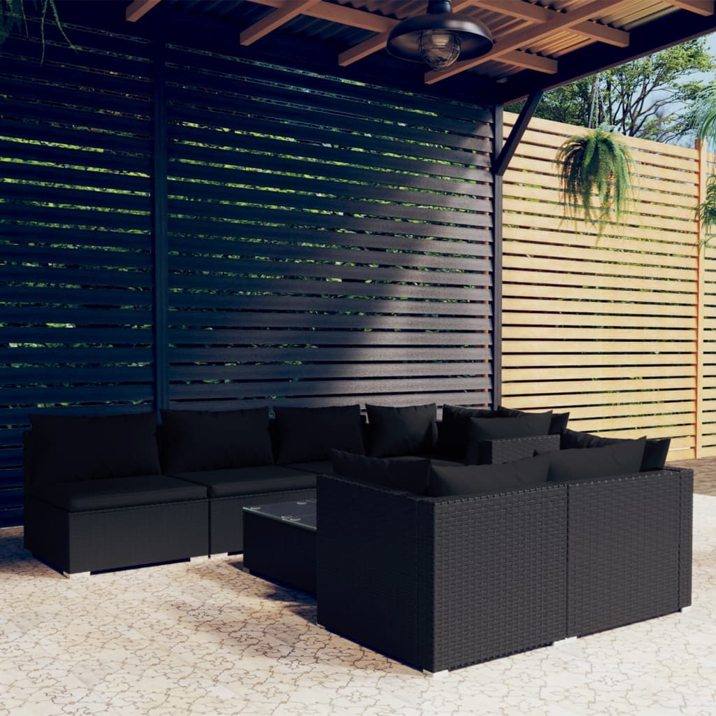 vidaXL 8-piece Garden Lounge Set with Cushions Black Poly Rattan