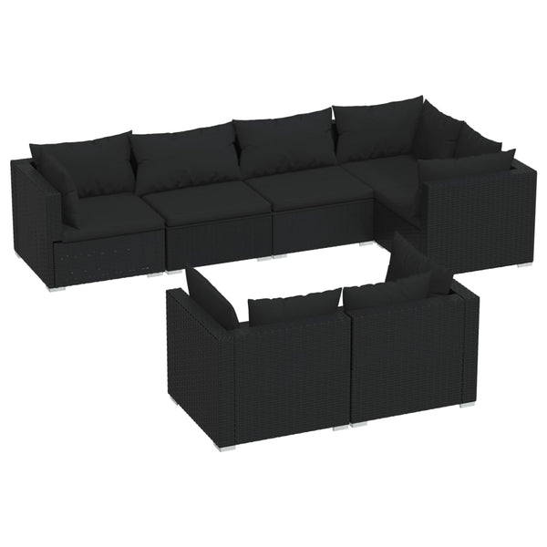 vidaXL 7-Piece Garden Lounge Set with Cushions Black Poly Rattan