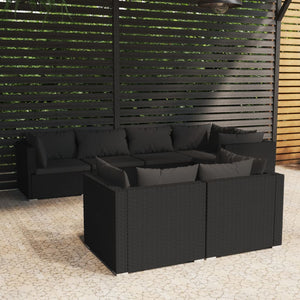 vidaXL 7-Piece Garden Lounge Set with Cushions Black Poly Rattan