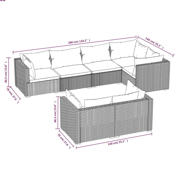 vidaXL 7-Piece Garden Lounge Set with Cushions Brown Poly Rattan