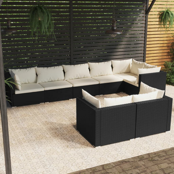 vidaXL 8-piece Garden Lounge Set with Cushions Black Poly Rattan