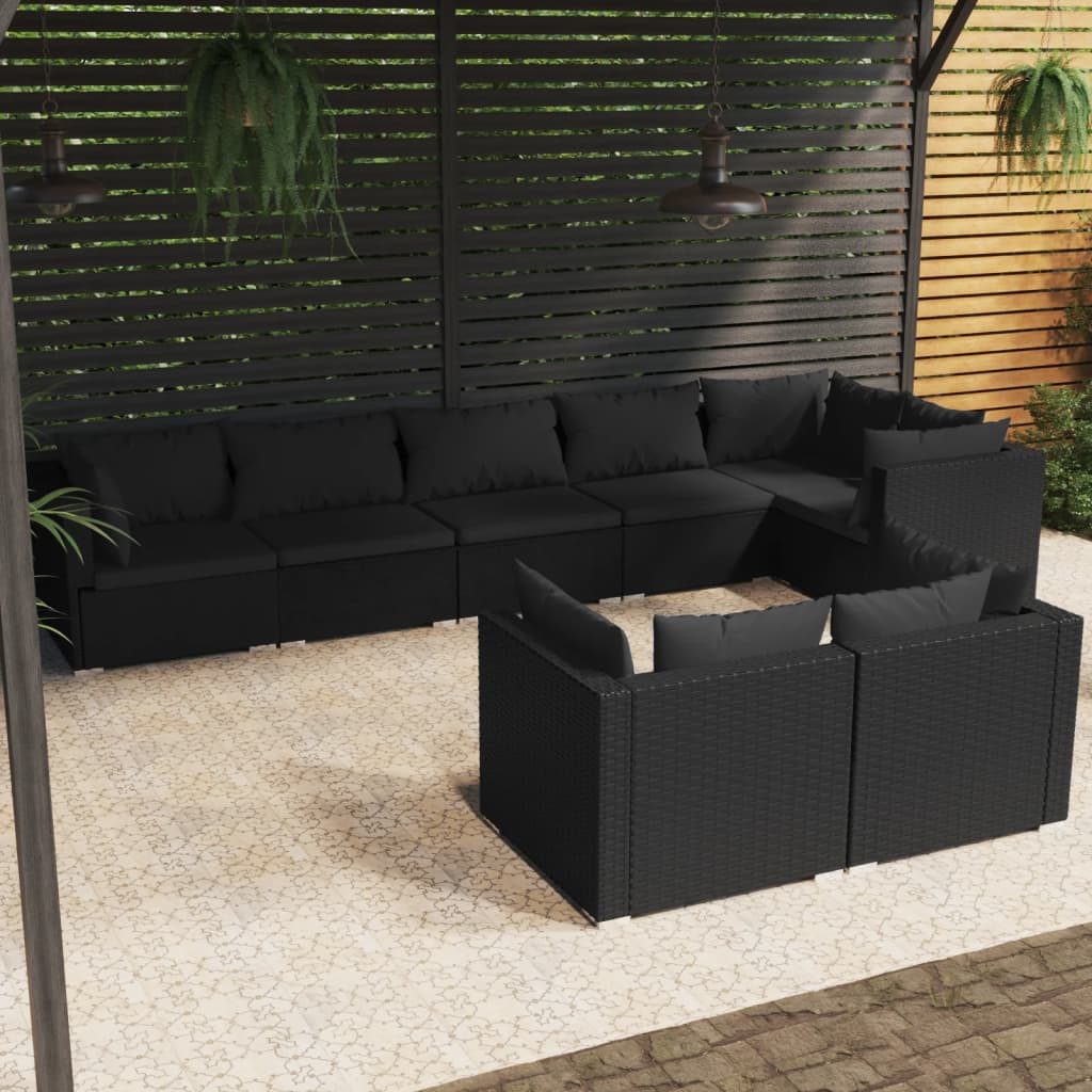 vidaXL 8-piece Garden Lounge Set with Cushions Black Poly Rattan