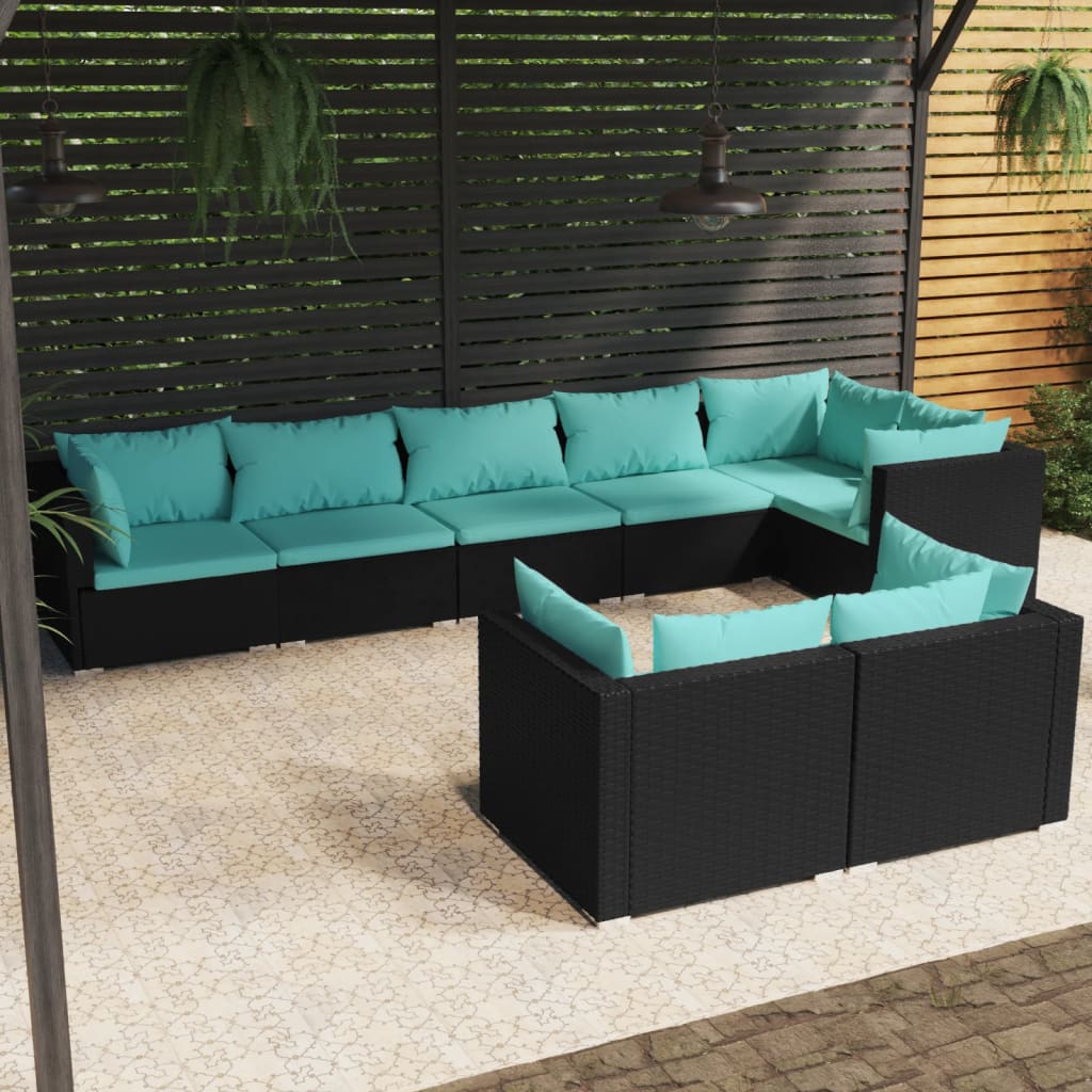 vidaXL 8-piece Garden Lounge Set with Cushions Black Poly Rattan
