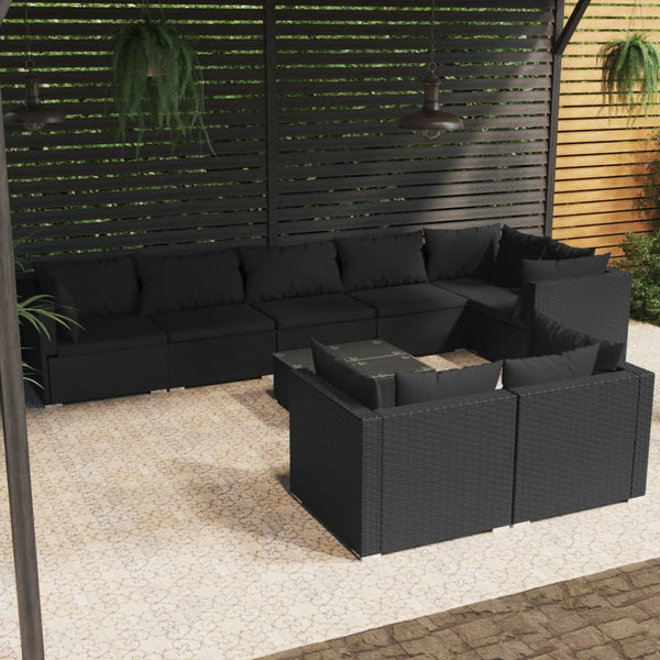 vidaXL 9-piece Garden Lounge Set with Cushions Black Poly Rattan